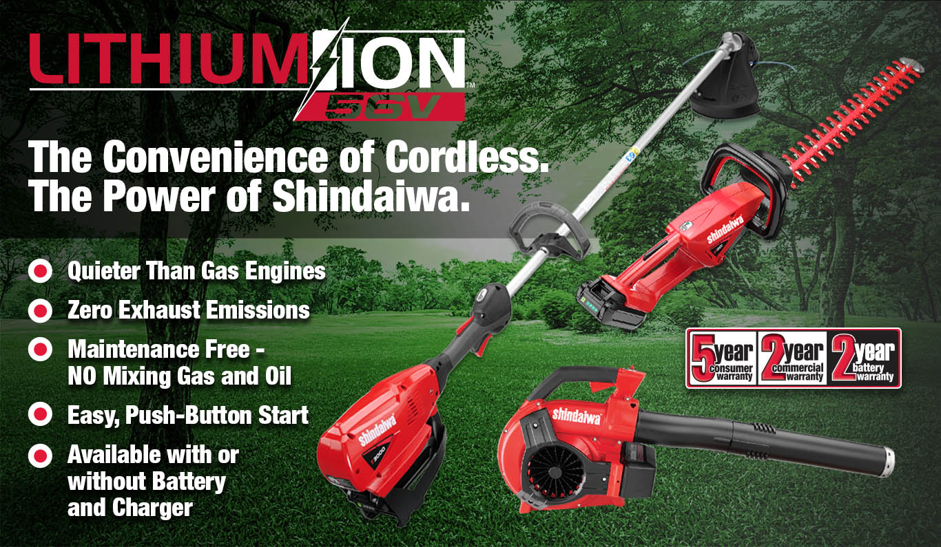 The Convenience of Cordless. The Power of Shindaiwa. | Quieter than Gas Engines | Zero Exhaust Emissions | Maintenance Free - NO Mixing Gas and Oil | Easy, Push-Button Start | Available with or without Batter and Charger