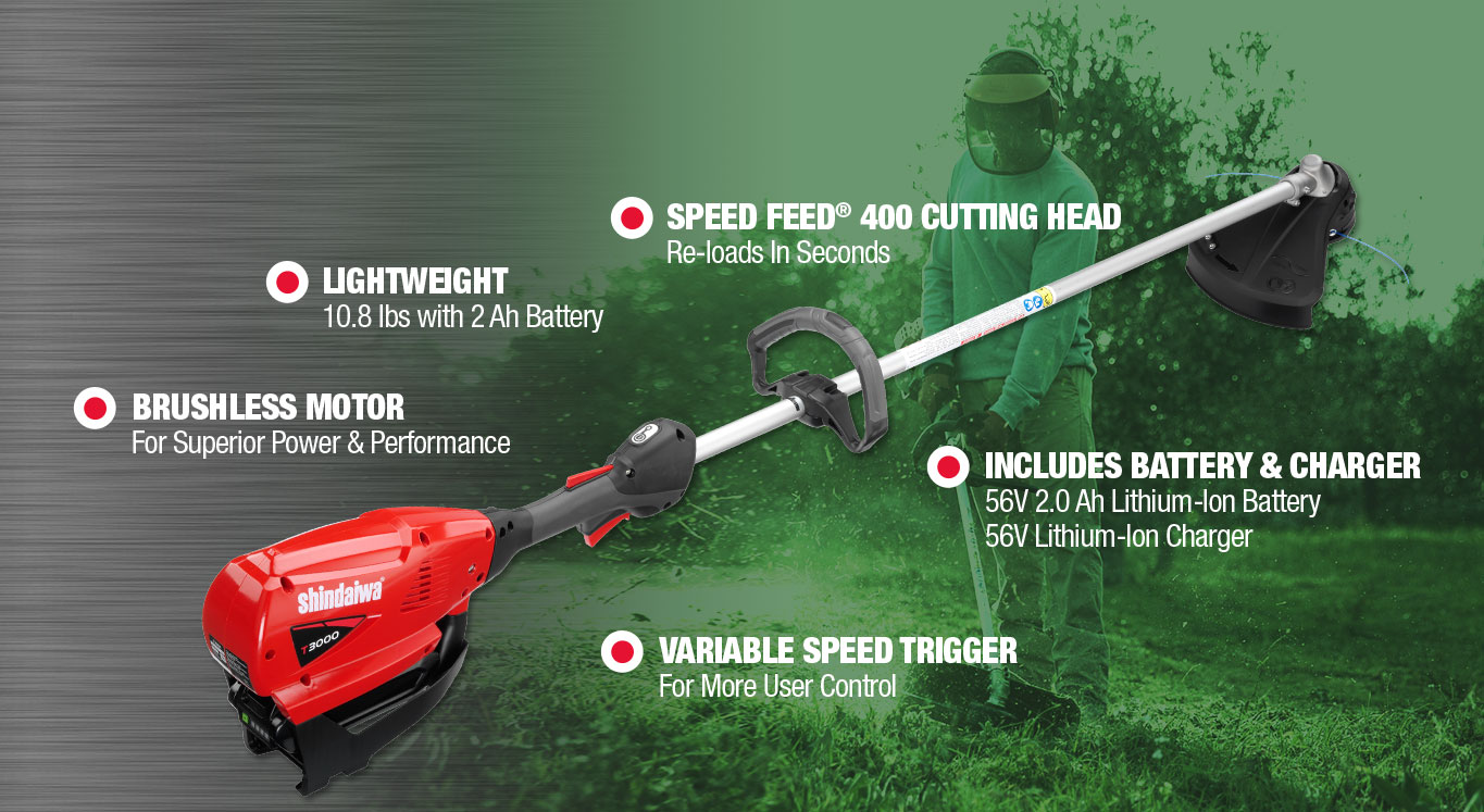 Speed Feed® 400 Cutting Head Re-loads In Seconds | Lightweight 10.8 lbs with 2 Ah Battery | Variable Speed Trigger For More User Control | Brushless Motor For Superior Power & Performance | Includes Battery & Charger 56V 2.0 Ah Lithium-Ion Battery 56V Lithium-Ion Charger 